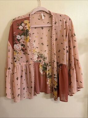 Xhilaration Pink Floral Boho Kimono Cardigan XS”